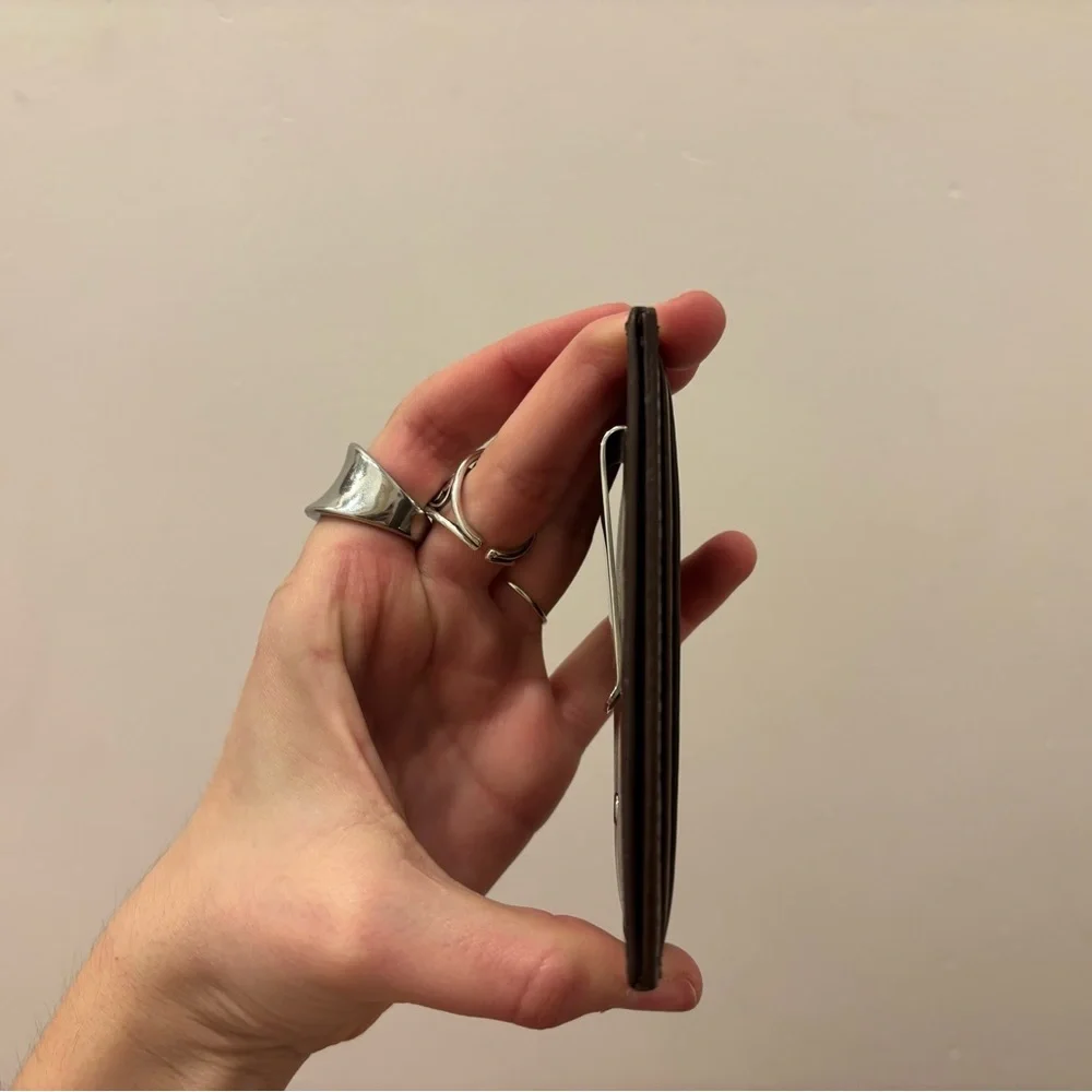 Coach Dark Brown Leather Money Clip with Silver Accent